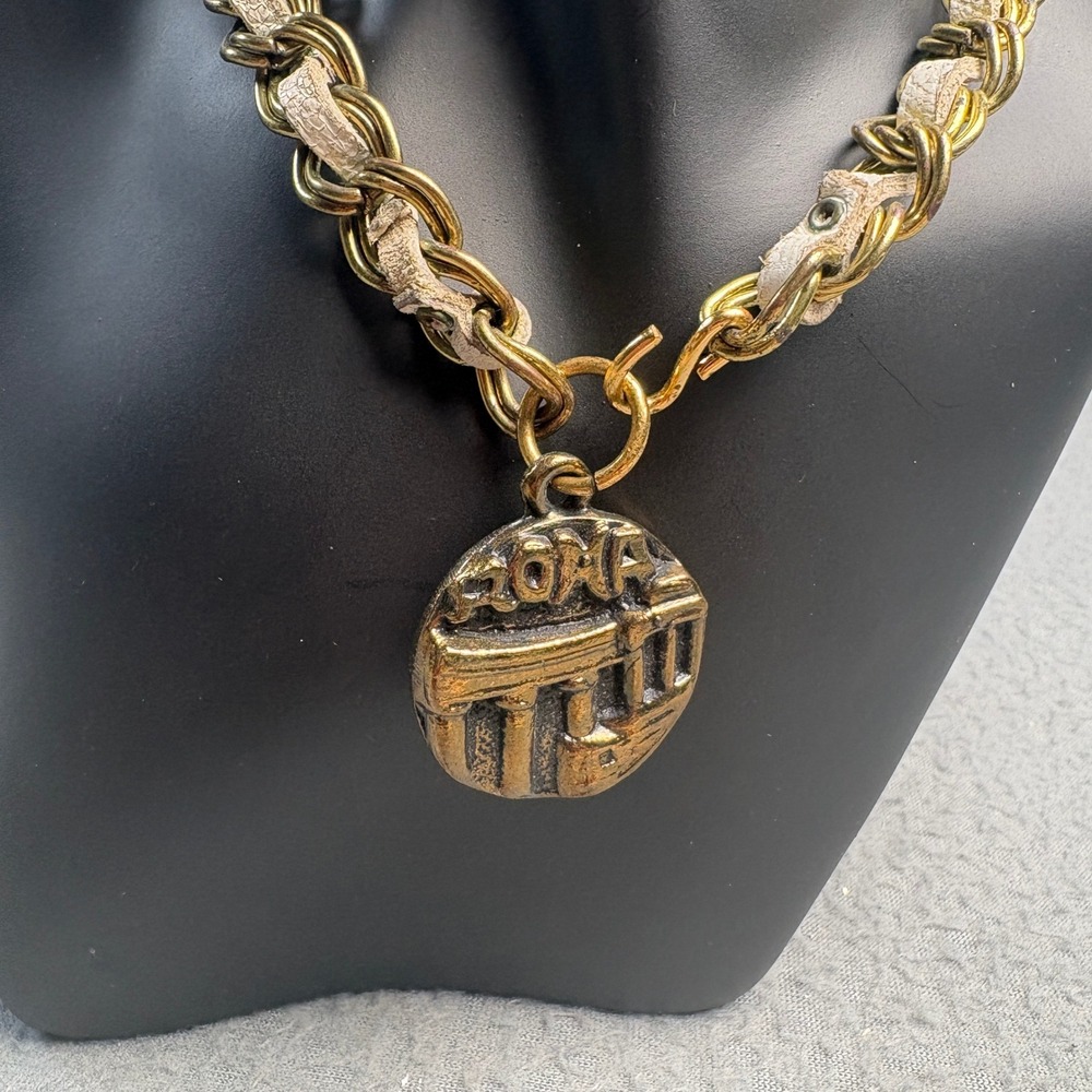 Vintage Roma Pantheon Medallion Necklace Gold Tone Chain White Leather Cord #323